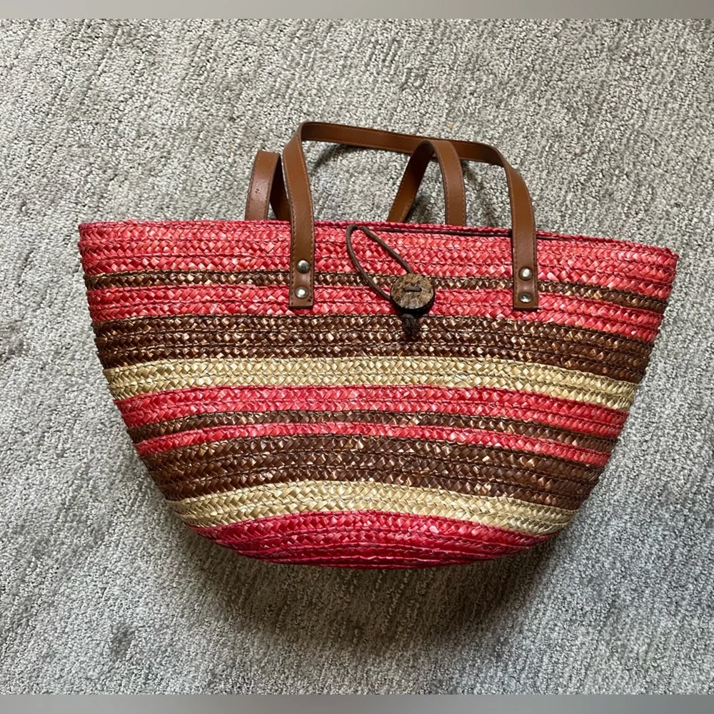 Sun and Sand striped Straw Beach Tote 16w X 9h - Picture 2 of 4